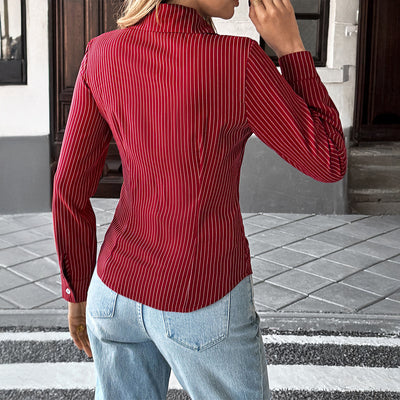 Holiday Casual Style Polo Collar Stripes Shirt Women's Clothing