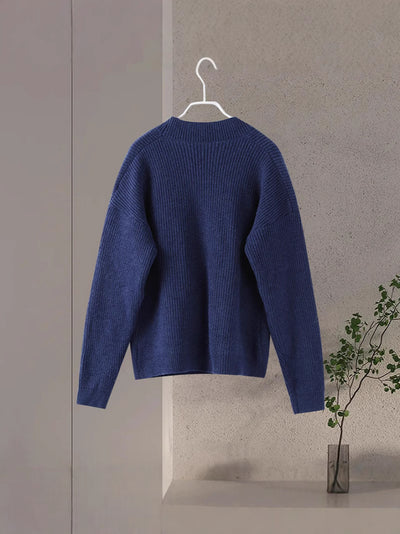 Dark Blue Irregular V-neck Fitted Waist Sweater Knitwear Autumn And Winter