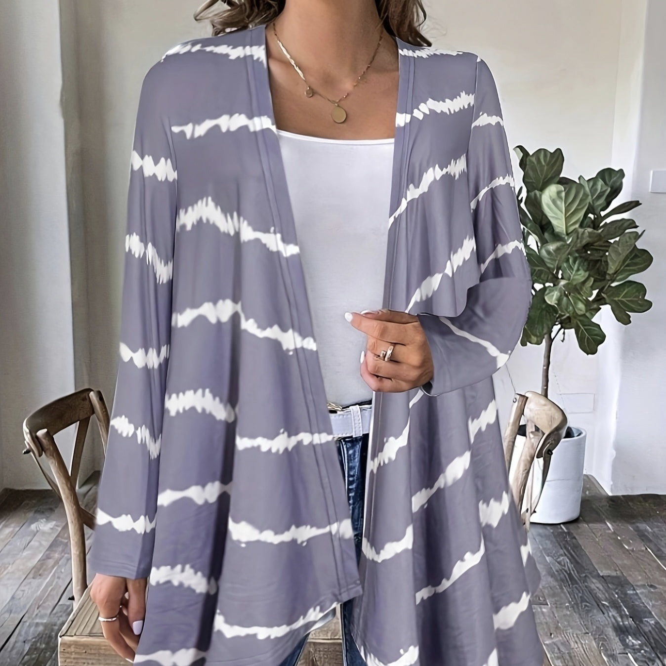 Ladies' Printed Buttonless Open Top Fashionable Versatile Vacation Jacket Top