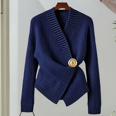 Dark Blue Irregular V-neck Fitted Waist Sweater Knitwear Autumn And Winter
