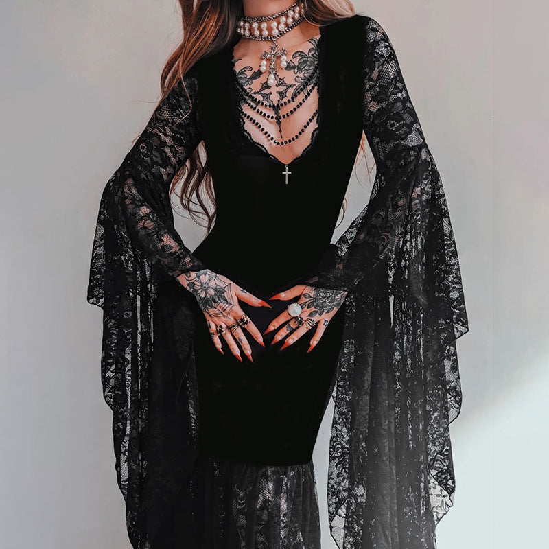 Lace Stitching Velvet Dress Women