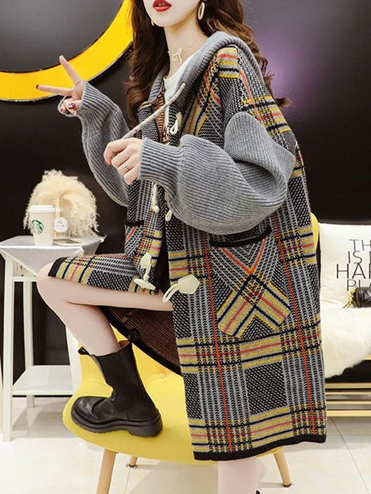 Hooded Knit Cardigan Women's Loose Mid-length Coat