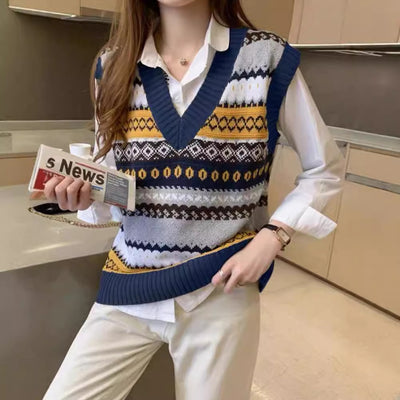 Retro V-neck Rhombus Vest Women's Knitted Jacquard Sleeveless Sweater
