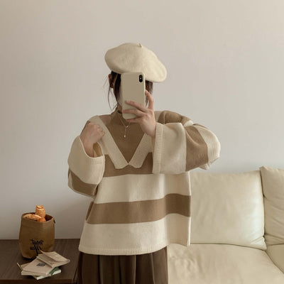Korean Style False Two-piece Halter Off-the-shoulder Loose Striped Sweater