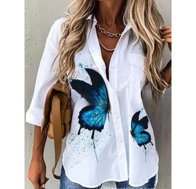 Spring And Summer New Fashionable Printed Collar Long Sleeved Shirt For Women