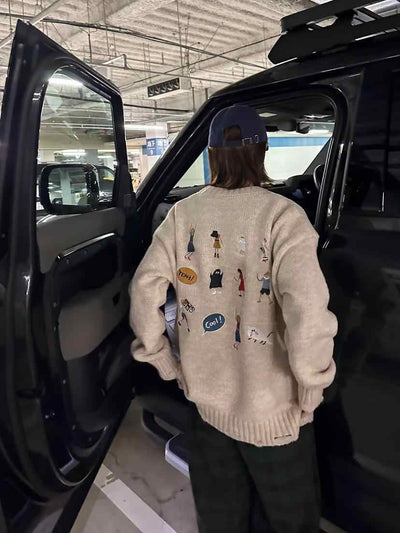 Gray Sweater Women's Loose Cartoon Embroidery Knitted Top